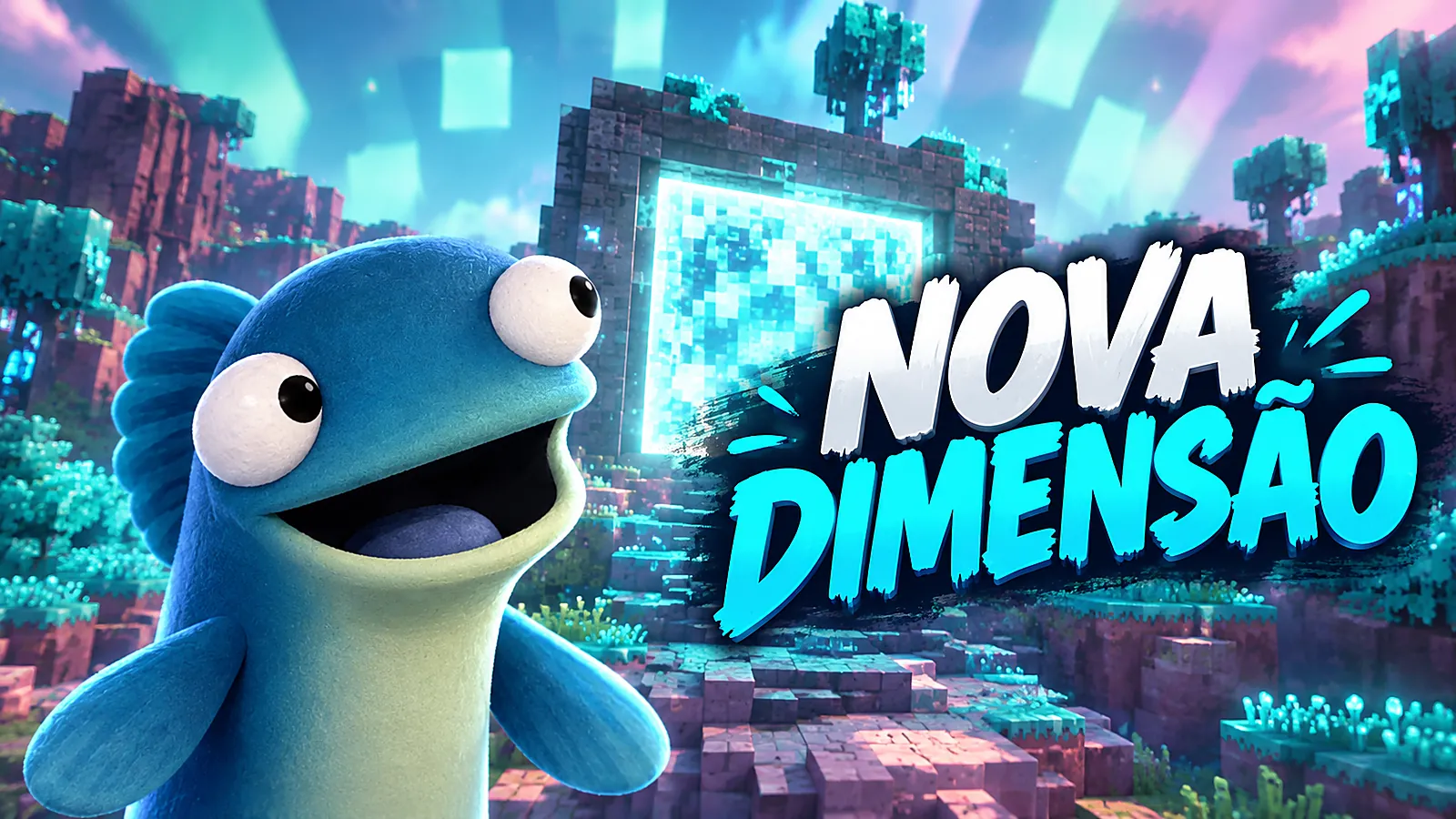 Thumbnail de Minecraft com o personagem azul de olhos esbugalhados em primeiro plano diante de um portal brilhante em uma nova dimensão, com cenário colorido em estilo voxel e o texto “NOVA DIMENSÃO” em destaque.