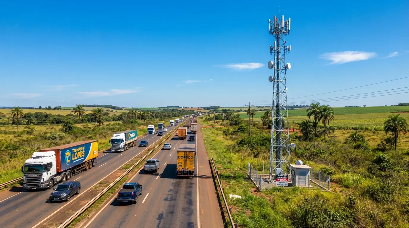 Torre de telefonia celular instalada às margens de rodovia movimentada com caminhões e carros em dia ensolarado