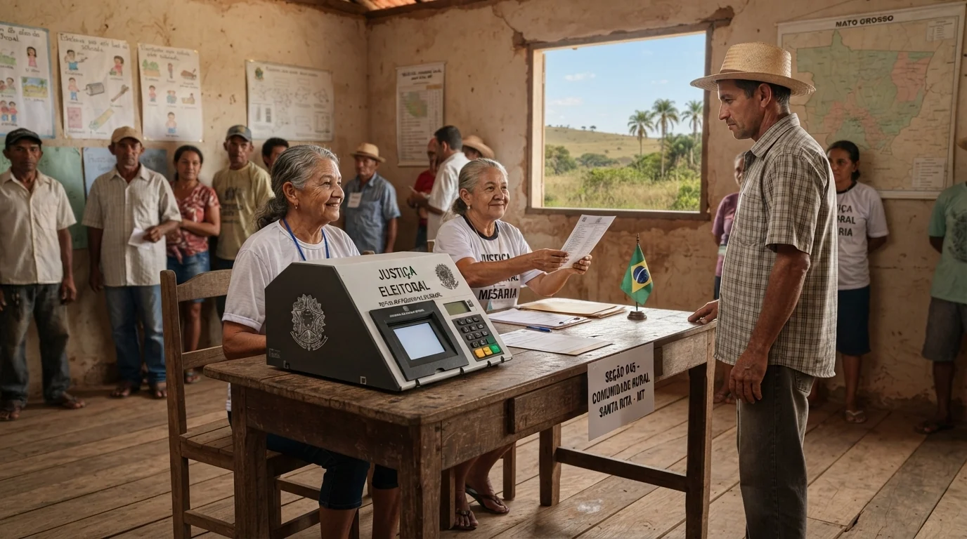 Urna eletrônica em mesa de votação rústica em escola de comunidade rural