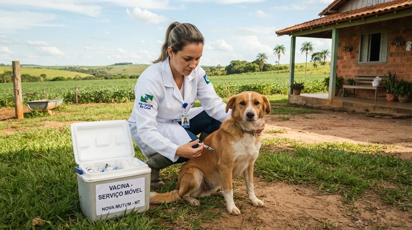 Agente de saúde com jaleco e caixa térmica aplicando vacina em cão dócil em propriedade rural, Nova Mutum, Mato Grosso