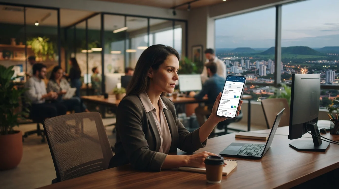 Profissional analisando oportunidades de emprego em smartphone com escritório moderno ao fundo em Mato Grosso