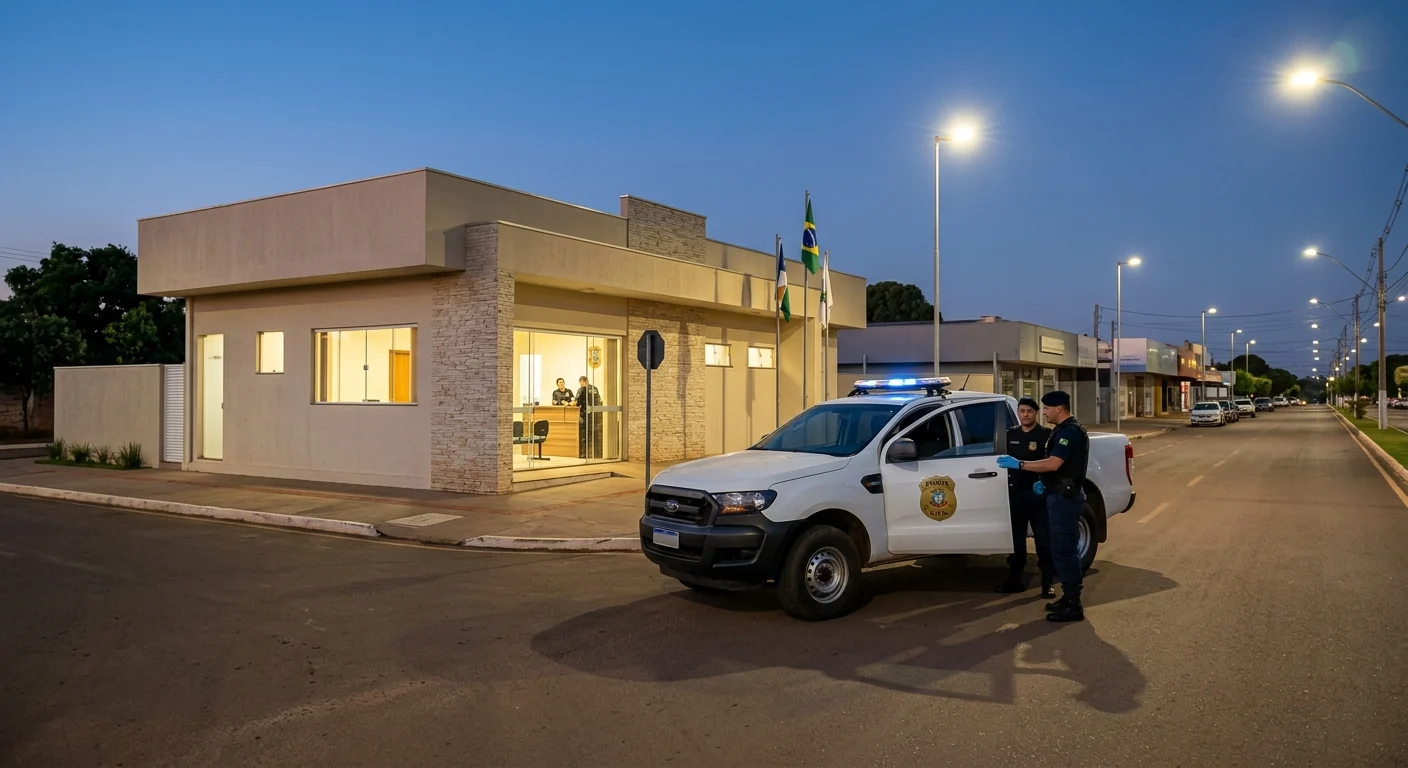 Viatura policial e fachada de delegacia em município do estado de Mato Grosso.