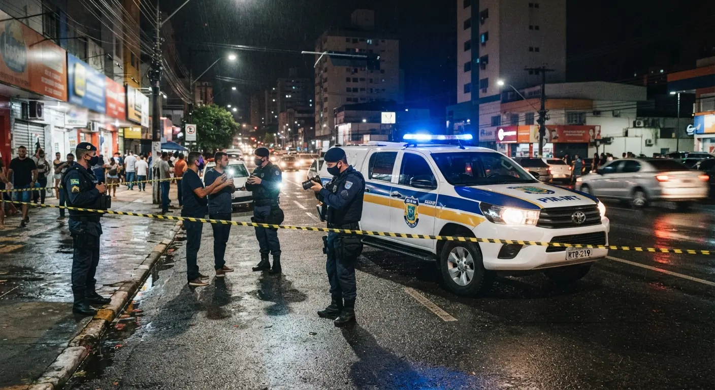 Viaturas da Polícia Militar isolando via urbana durante atendimento a ocorrência policial à noite em Tangará da Serra.