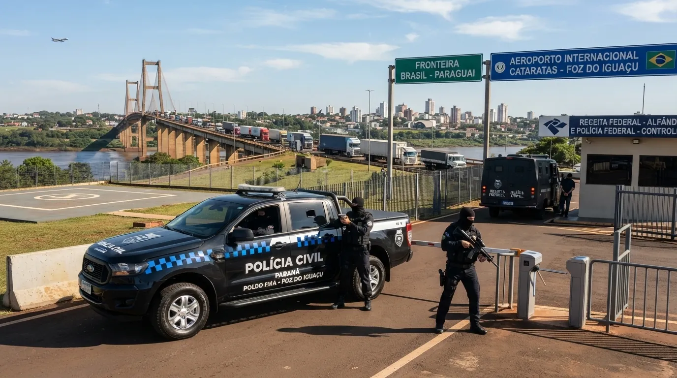 Viatura da polícia civil com agentes armados em escolta de segurança em aeroporto na fronteira com o Paraguai